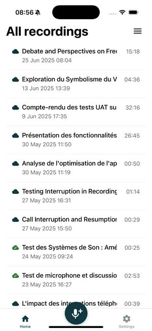Liste de toutes les réunions enregistrées dans l'application iPhone, avec date et durée