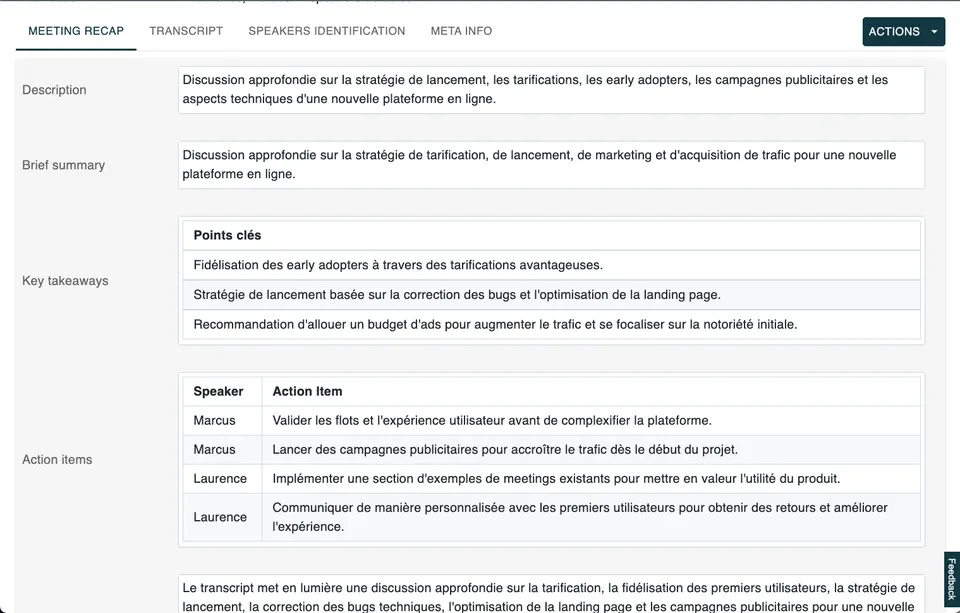 Résumé d'une réunion dans Meetingize : description, points clés, actions par participant