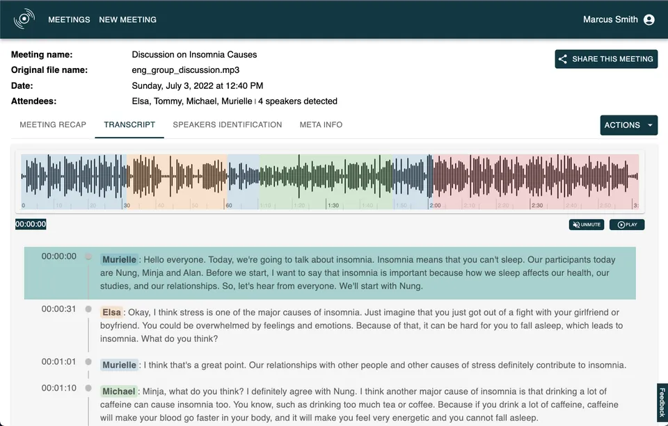 Transcription horodatée par locuteur avec la forme d'onde de l'audio